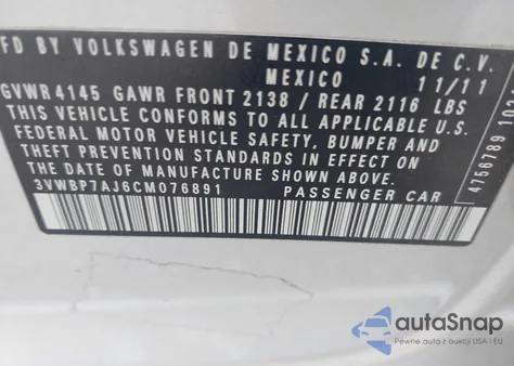 2012 Volkswagen Jetta 2.5L Se z USA, uszkodzony, nr VIN 3VWBP7AJ6CM076891